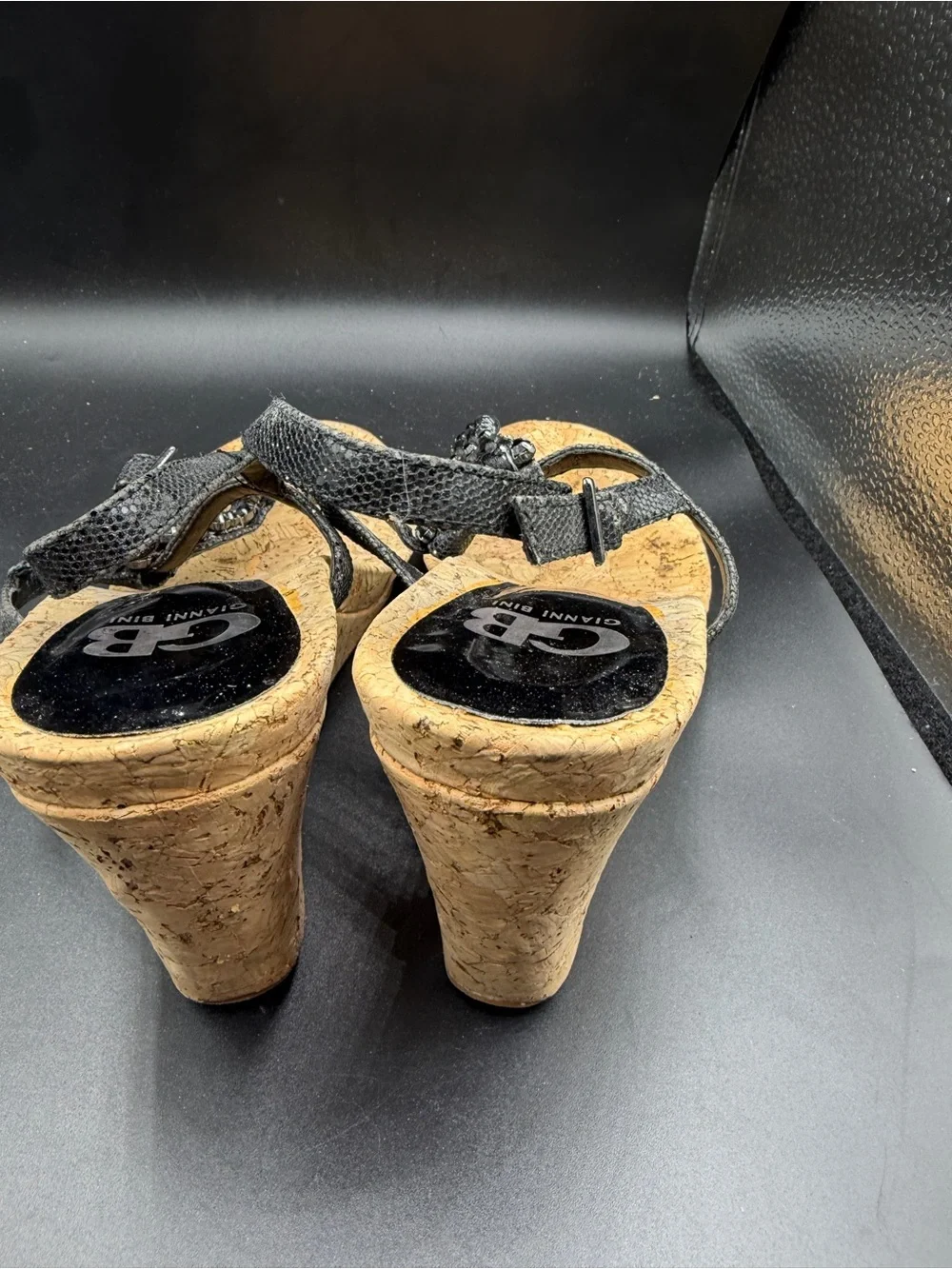Gianni Bini Black Beaded Cork Wedge Sandals